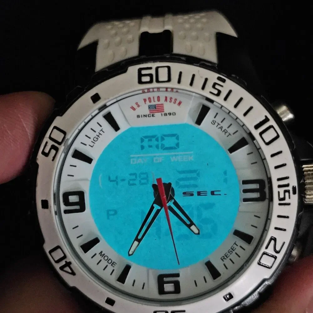 US POLO ASSN Men's Watch Digital Analog 48MM White‎ Platic Bands New Battery